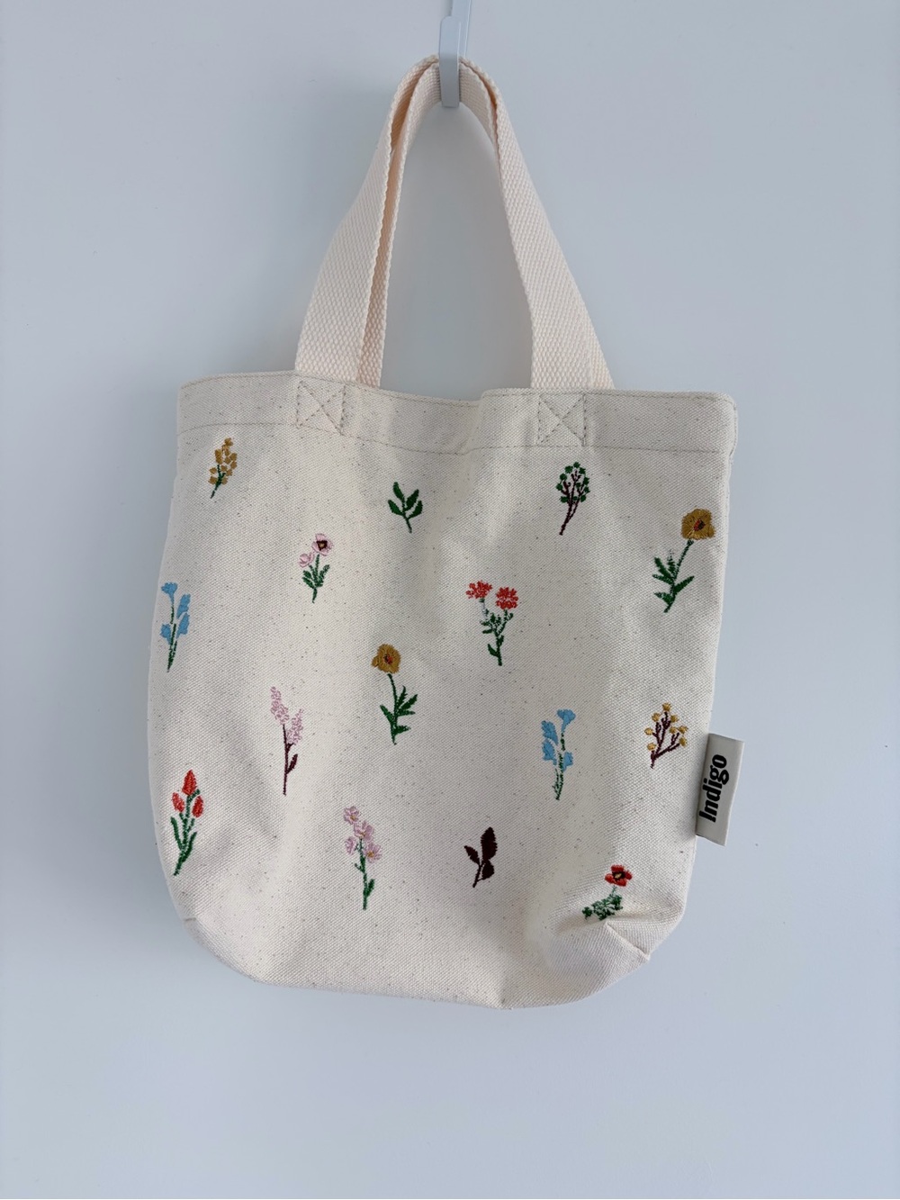 Indigo Cream Canvas Tote with Multicolor Floral Embroidery
